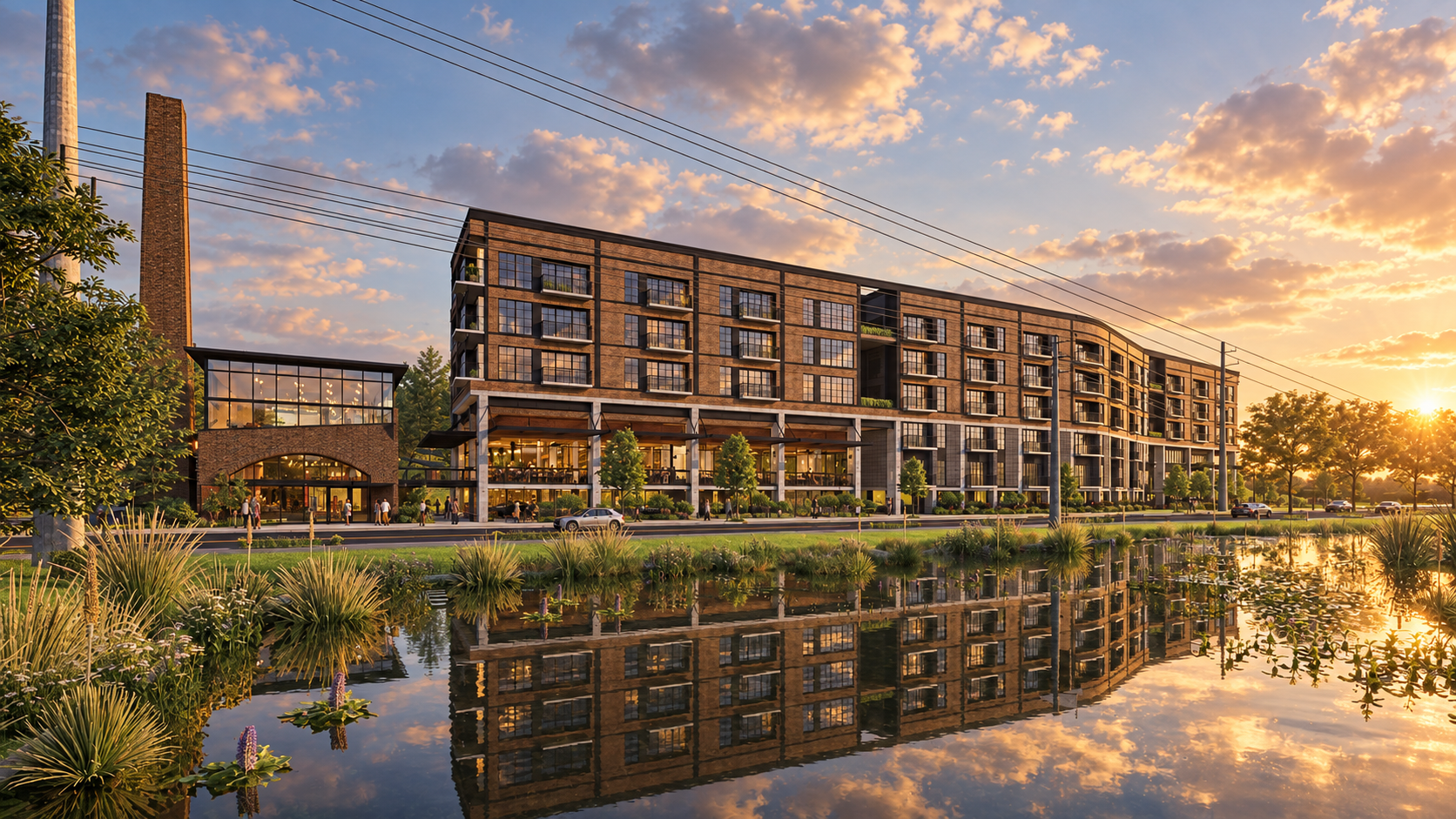 Long brick multifamily building with balconies, a glazed ground floor, and a reflecting pond in front.
