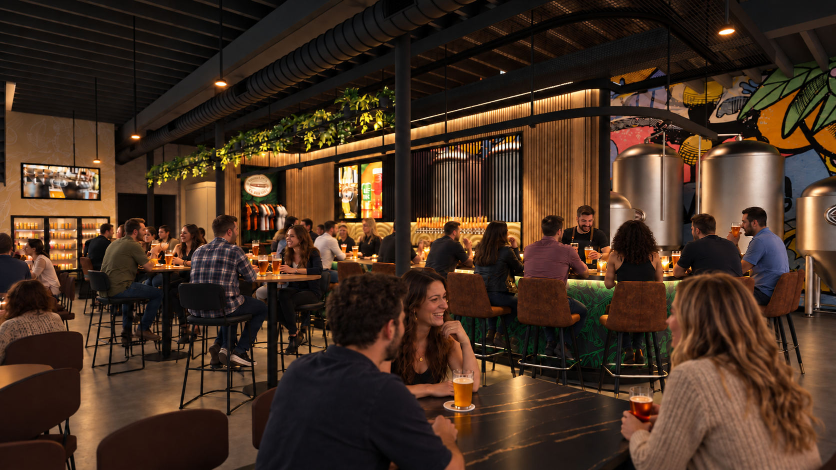 Dark bar interior with brewing tanks, wood screens, green tile, and rows of tables and stools.