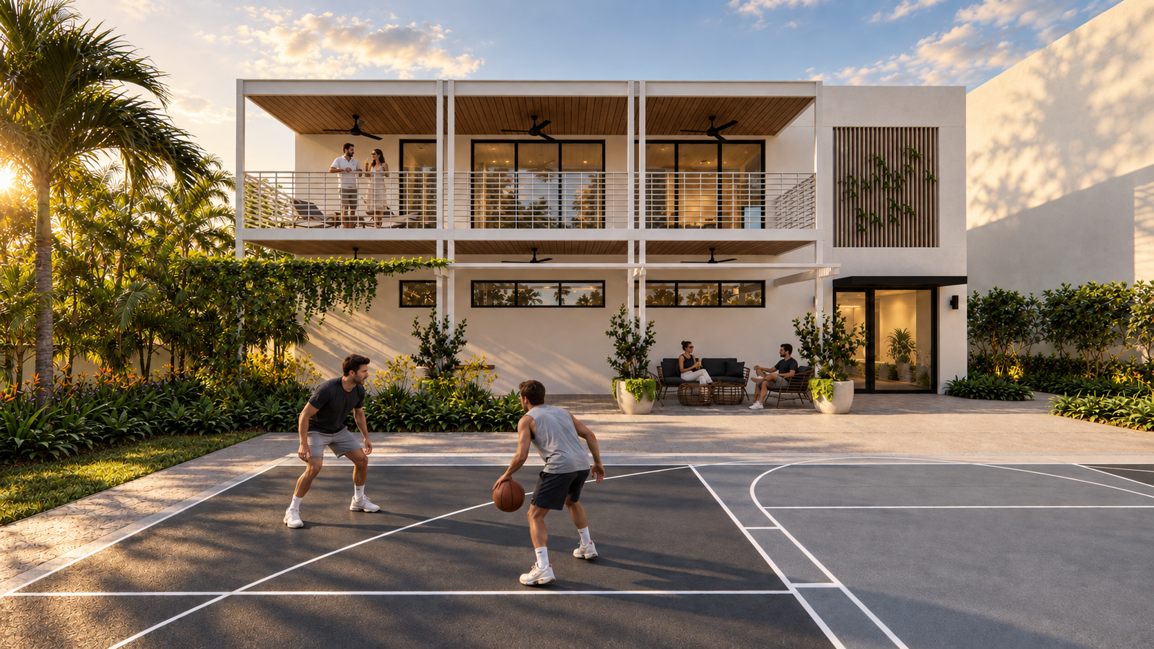 Modern white residence with three garage bays opening onto a planted paved courtyard.