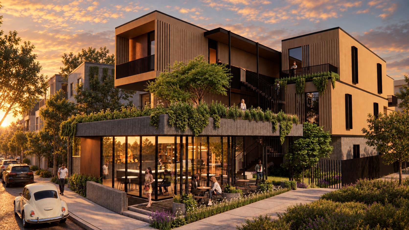 Cafe with glass walls and outdoor tables beneath stepped wood-clad terraces and dense planting.