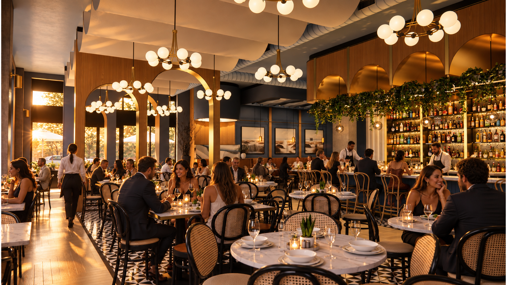 Restaurant interior with a long bar, globe lighting, wood arches, dining tables, and hanging plants.