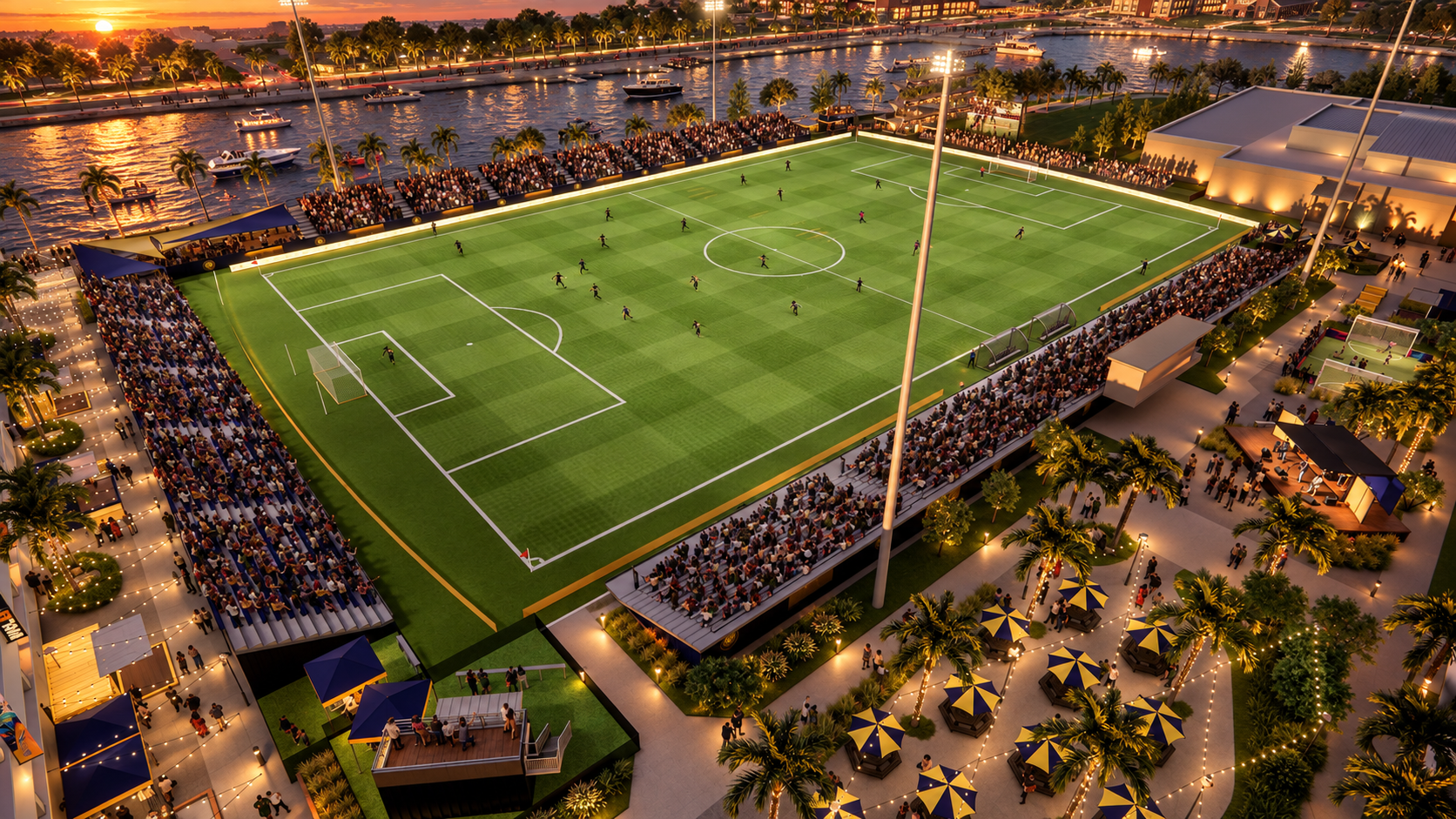 Aerial rendering of a waterfront soccer stadium.